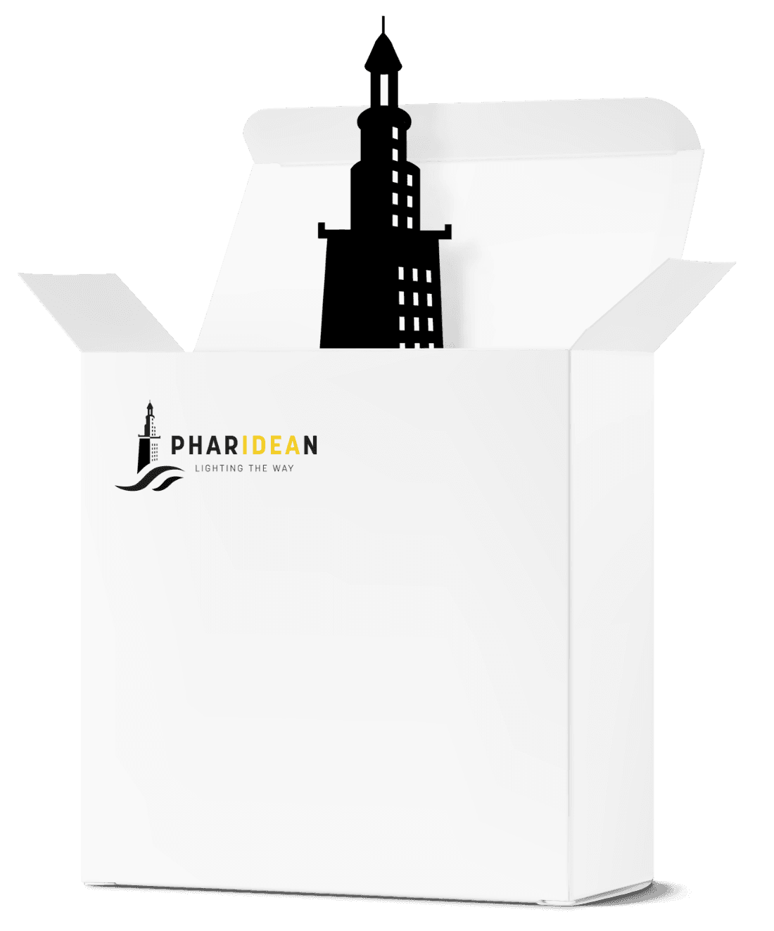 Box aus der der Pharidean Leuchtturm ragt vor Bildschirm mit Code